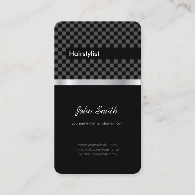 Hairstylist - Elegant Black Chequered Business Card (Front)