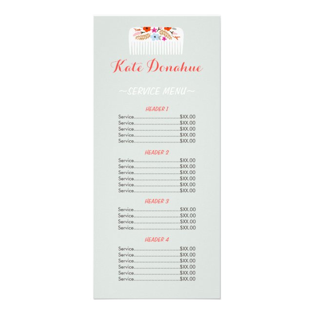 Hairstylist Floral Comb Hair Salon Price List Menu (Front)