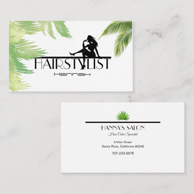 Hairstylist Girl Silhouette Palm Leaves Business C Card (Front/Back)