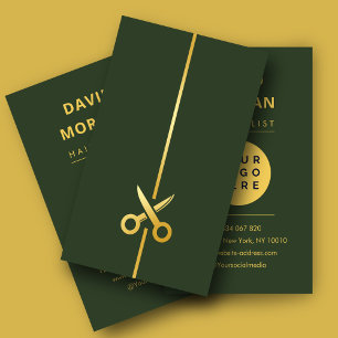 Hairstylist Gold Scissor Logo Dark Green Business Card
