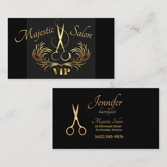 Hairstylist Gold Scissors, Swirls VIP  Business Card (Front/Back)