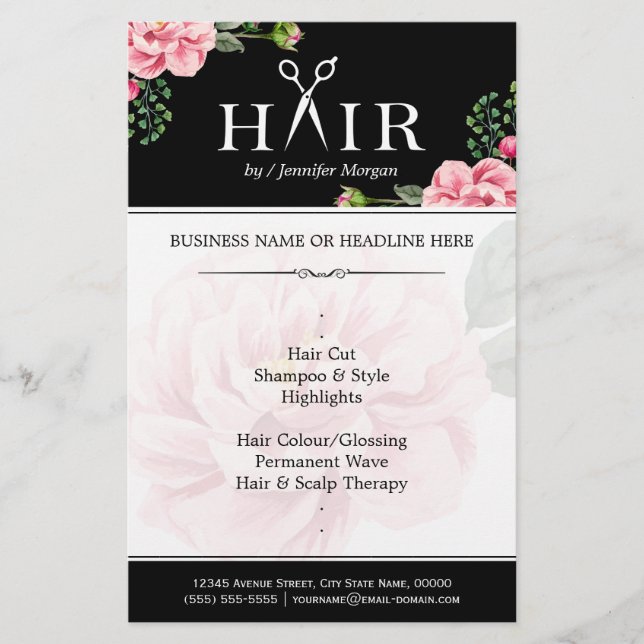 Hairstylist Hair Cut Typography Logo Classy Floral Flyer (Front)