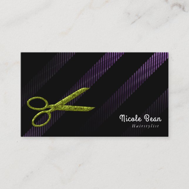 Hairstylist Hair Dresser Purple & Green Scissors Business Card (Front)