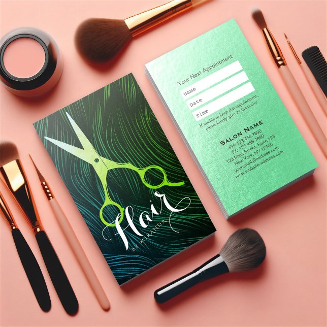 Hairstylist Hairdresser Beauty Green Gold Scissors Appointment Card (Creator Uploaded)