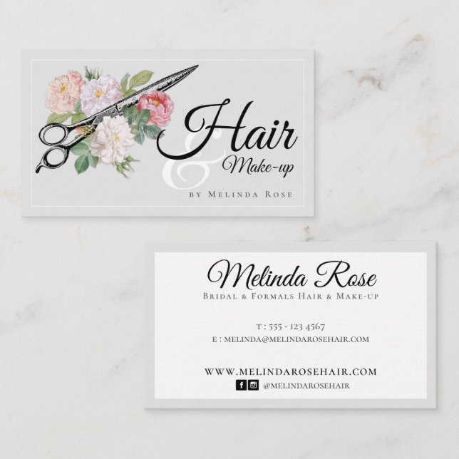  Hairstylist Makeup Artist Grey Floral Elegant  Business Card (Front/Back)
