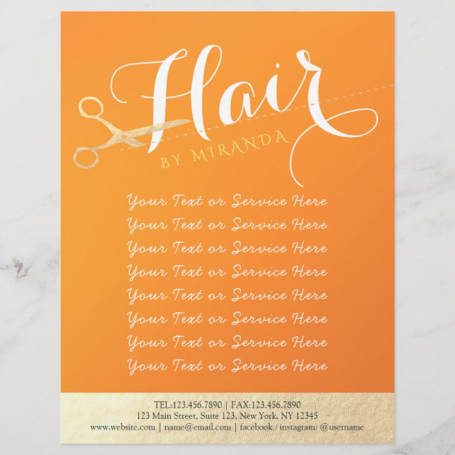 Hairstylist Makeup Salon Chic Orange Gold Scissors Flyer (Front)