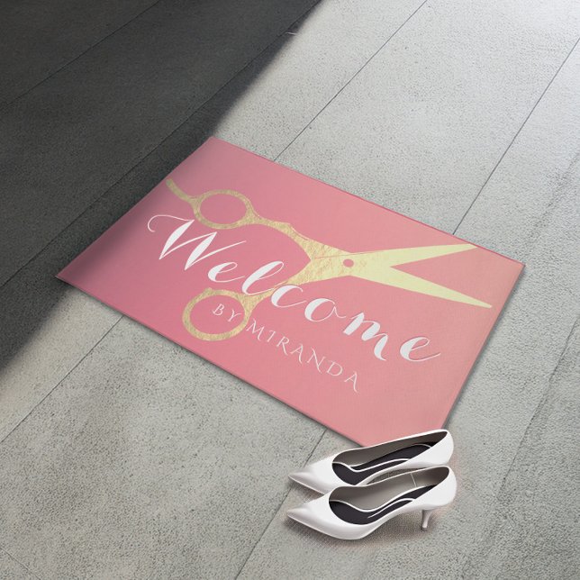Hairstylist Makeup Salon Gold Scissors Welcome Doormat (Creator Uploaded)