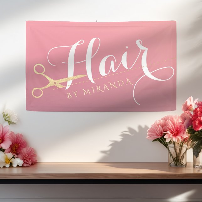 Hairstylist Makeup Salon Modern Pink Gold Scissors Banner (Creator Uploaded)