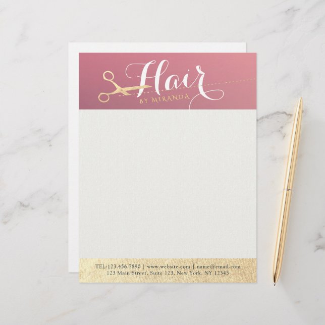 Hairstylist Makeup Salon Modern Pink Gold Scissors Custom Letterhead (Front/Back In Situ)
