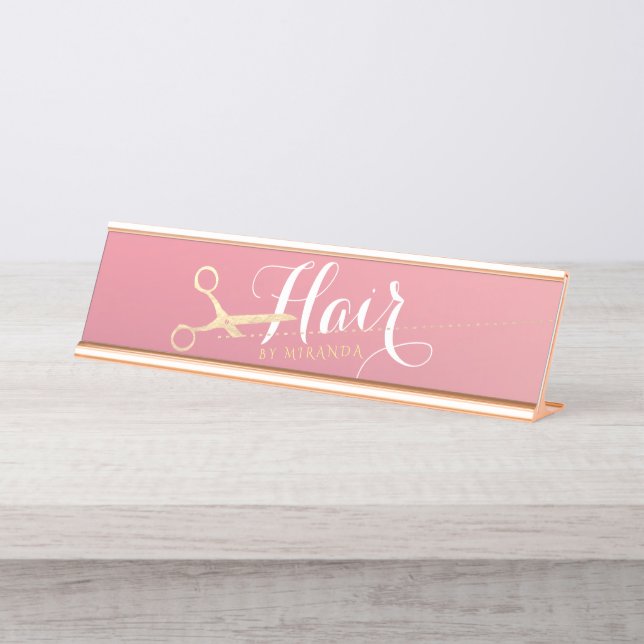 Hairstylist Makeup Salon Modern Pink Gold Scissors Desk Name Plate (Front)