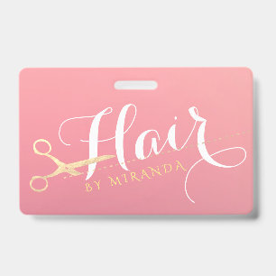 Hairstylist Makeup Salon Modern Pink Gold Scissors ID Badge