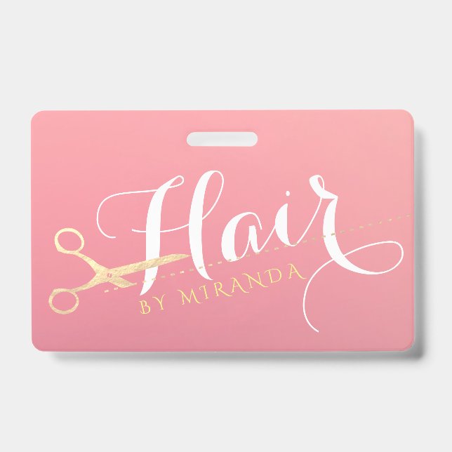 Hairstylist Makeup Salon Modern Pink Gold Scissors ID Badge (Front)