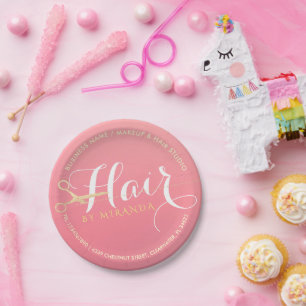 Hairstylist Makeup Salon Modern Pink Gold Scissors Paper Plate