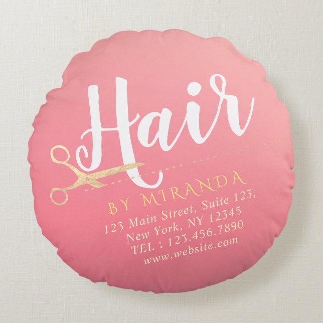 Hairstylist Makeup Salon Modern Pink Gold Scissors Round Cushion (Front)
