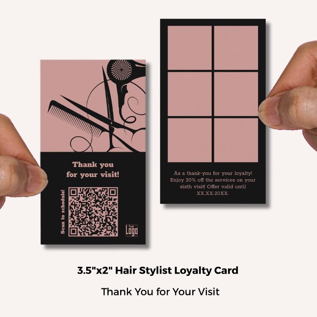 Hairstylist  Pink & Black Logo & QR - Thank You Loyalty Card (Hairstylist Pink & Black Logo & QR - Thank You Loyalty Card; Standard Size: 3.5x2 Inch)