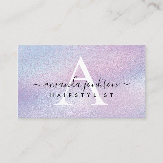 Hairstylist Purple Holographic Foil Hairdresser Business Card (Front)