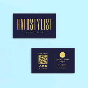 Hairstylist QR Code & Logo Navy And Gold   Business Card