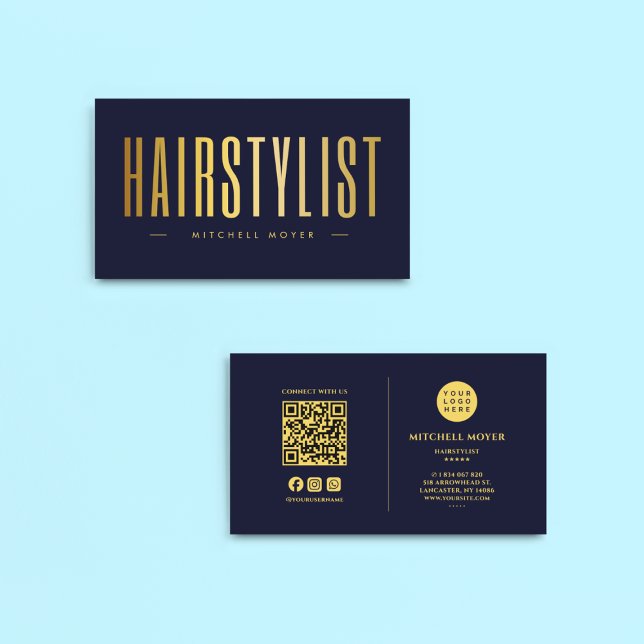 Hairstylist QR Code & Logo Navy And Gold   Business Card (Creator Uploaded)