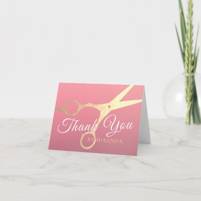 Hairstylist Salon Pink Gold Scissors Thank You Card (Front)