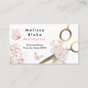 hairstylist scissors and pink butterflies business card