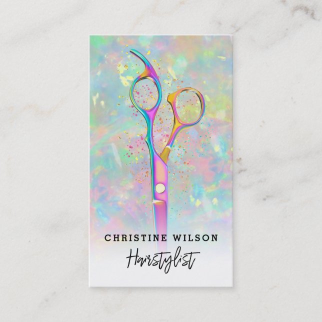 hairstylist scissors on opal stone business card (Front)