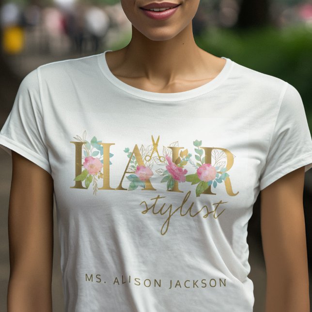 Hairstylist's name and typography logo hair salon T-Shirt (Creator Uploaded)