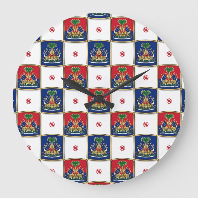 Haiti Coat of Arms Chequerboard Pattern — Haitian  Large Clock (Front)