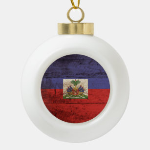 Haiti Flag on Old Wood Grain Ceramic Ball Christmas Ornament