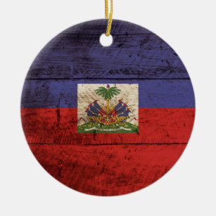 Haiti Flag on Old Wood Grain Ceramic Tree Decoration