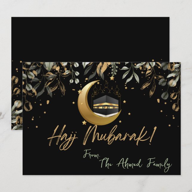 Hajj Mubarak with Black with gold & green leaves  Card (Front/Back)