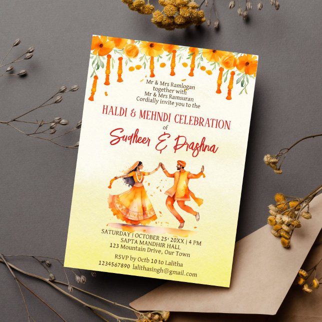 Haldi and Mehndi marigolds bells Indian wedding  Invitation (Haldi mehndi Indian wedding editable template invitation instant digital download dancing couple)
