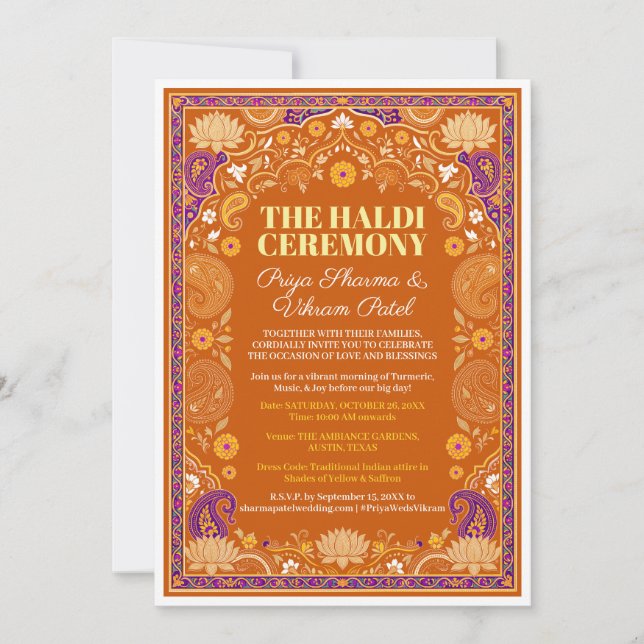 Haldi Function Invitation Orange Purple Floral (Front)