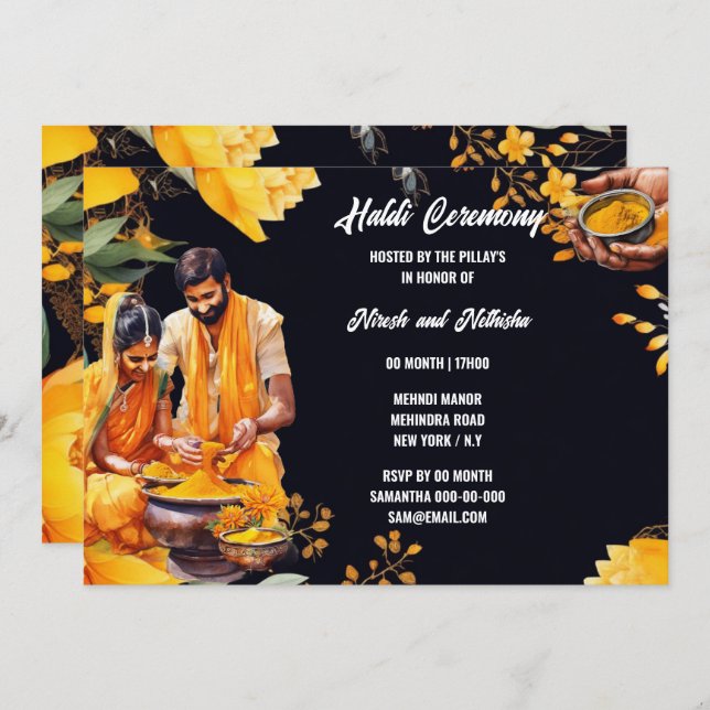 Haldi Indian purification ceremony turmeric floral Invitation (Front/Back)