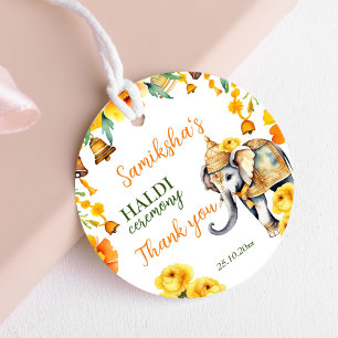 Haldi Indian wedding elephant yellow flowers favou Favour Tags