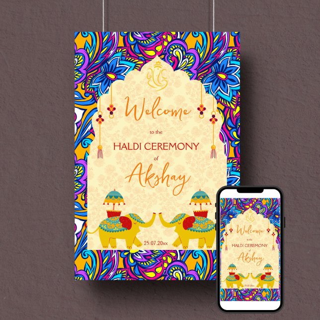 Haldi Indian wedding elephants blue welcome sign (Haldi welcome sign poster instant download yellow Indian wedding elephants blue oriental pattern)