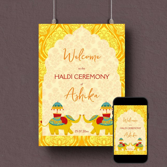 Haldi Indian wedding elephants yellow welcome sign (Haldi welcome sign poster instant download yellow arch frame cute Indian wedding elephants)