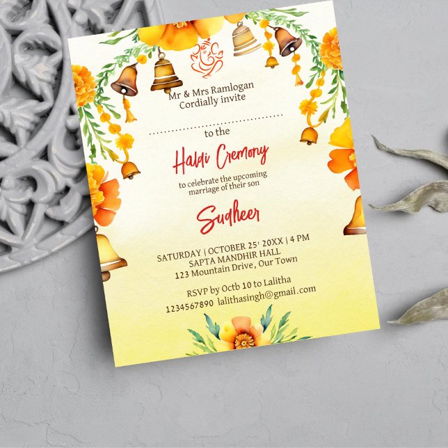 Haldi marigolds bells Indian wedding budget invite (Haldi template invitation digital download Indian wedding whimsical bells marigolds garlands Ganesha)