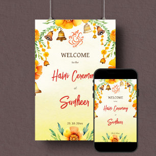 Haldi marigolds bells Indian wedding welcome sign