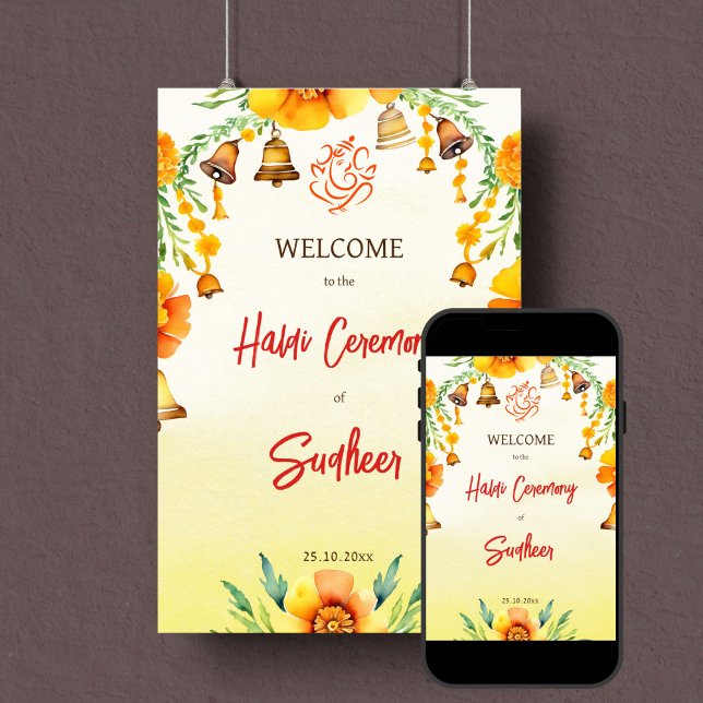 Haldi marigolds bells Indian wedding welcome sign (Haldi Indinian wedding welcome sign template instant digital download yellow flowers bells garlands)