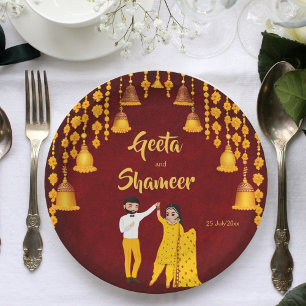 Haldi Mehndi Sangeet Indian wedding maroon yellow Paper Plate