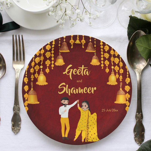 Haldi Mehndi Sangeet Indian wedding maroon yellow Paper Plate (Haldi Mehndi Sangeet Indian wedding maroon yellow template Paper Plates personalized tableware decor)