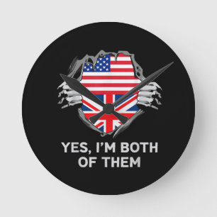 Half American Half British USA England Flag Mens W Round Clock