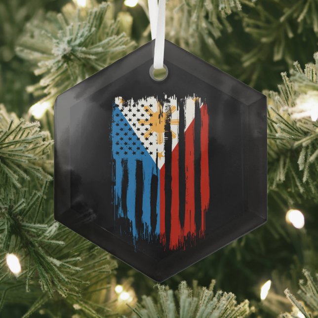 Half American Half Filipino Philippines Flag Glass Tree Decoration (Insitu)