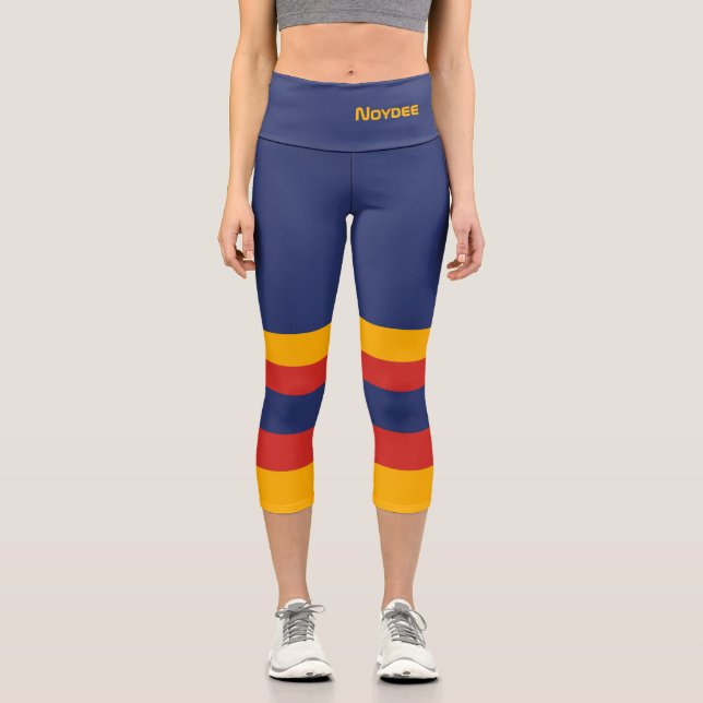 Half and Stripes Horizontal Lines Blue Yellow Red Capri Leggings (Front)