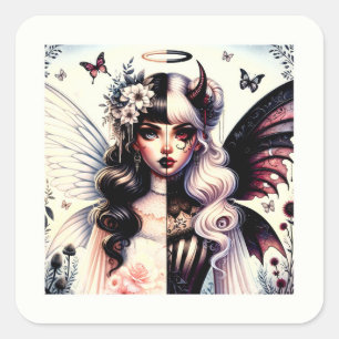 Half Angel Devil Dark Beauty Broken Wing Fairy Square Sticker