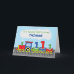 Half Brother 1st Birthday Colourful Train on Track Card<br><div class="desc">Customise this brightly coloured birthday card with your half-brother’s name on the front. This card is the best card you can give to him on the celebration of his 1st birthday happening very soon. He will surely love the colours on this one.</div>