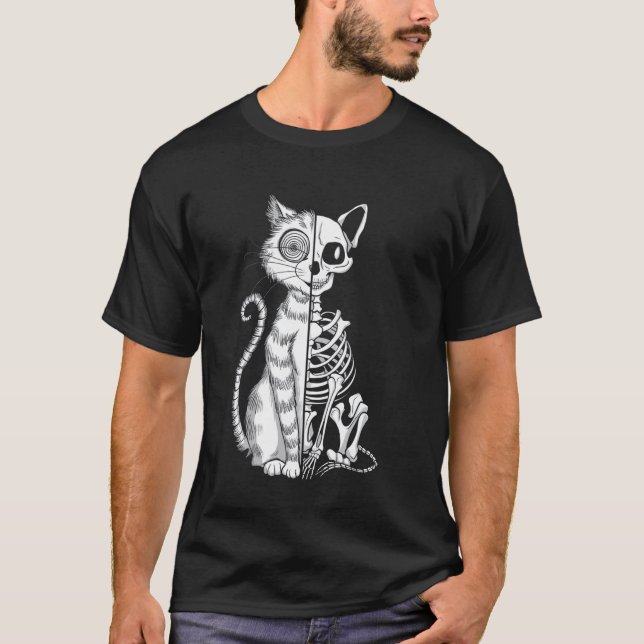 Half Cat, Half Skeleton Halloween Illustration T-Shirt (Front)