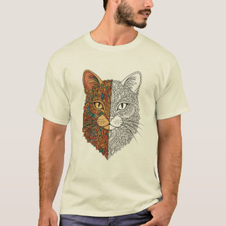 Half Color / Half Outline Mandala Cat Face T-Shirt
