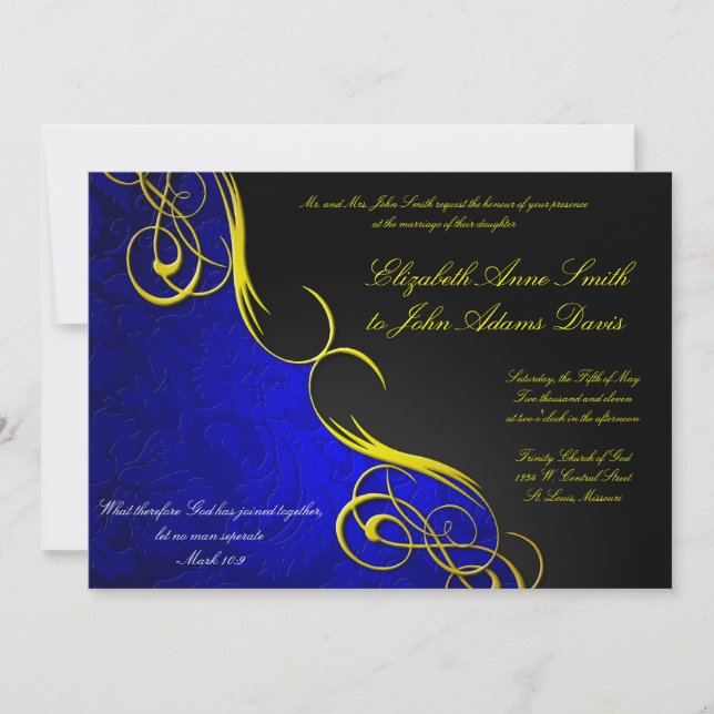 Half Damask Blue/Black Wedding Invitation (Front)