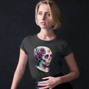 Half Dead Skull Bust-Day of the Dead Ladies Skull  T-Shirt